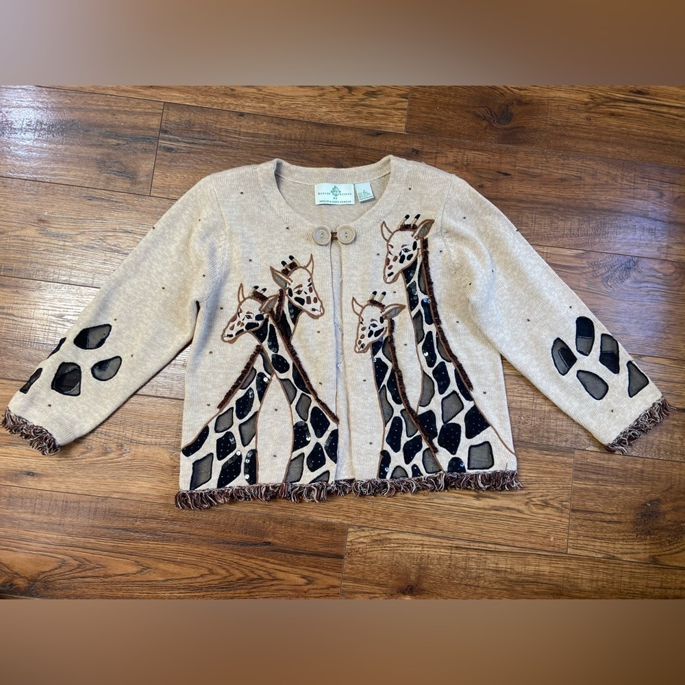 Design Options Philip Jane Gordon Giraffe Cardigan  Sweater S Beaded Fringe VTG